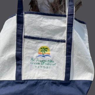 Tote - Large Canvas Deluxe with 6 inch wide Saint Augustine Ocean and Racquet Embroidered LOGO on outside pocket